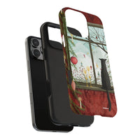 Holiday Cat Snowy Scene Phone Cover, Christmas Window Cat Phone Case, Comfy Winter Cat Protective Case for iPhone