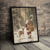 Snowy Winter Forest Canvas Art, Santa Claus and Reindeer Canvas, Festive Christmas Wall Art, Holiday Season Canvas Print, Xmas Home Decor