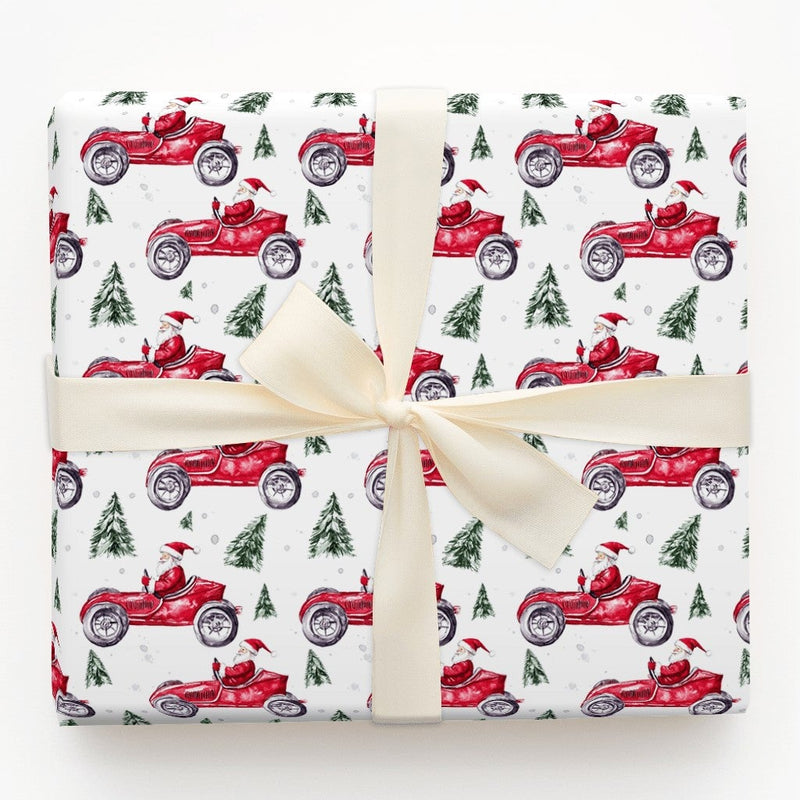 Vintage Car Christmas Gift Wrap, Santa Red Race Car Wrapping Paper, Watercolor Auto Holiday Present Paper, Driver Xmas Gift Wrap