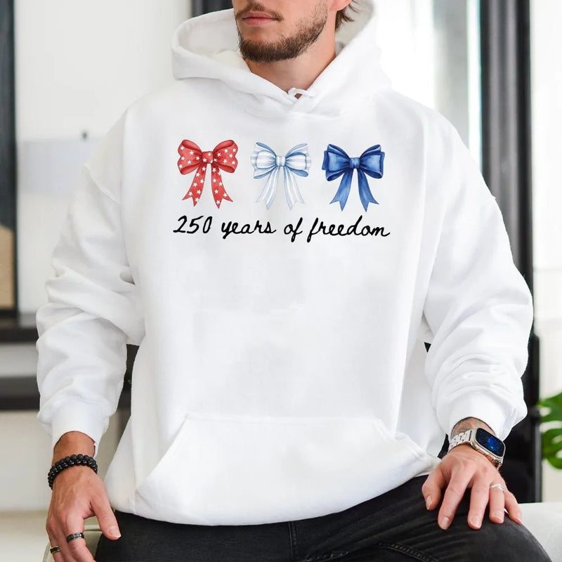 America 250th Anniversary Hoodie | Patriotic Bow Design 250 Years of Freedom | Soft Cotton-Polyester Blend | 4th of July Gift for Patriots