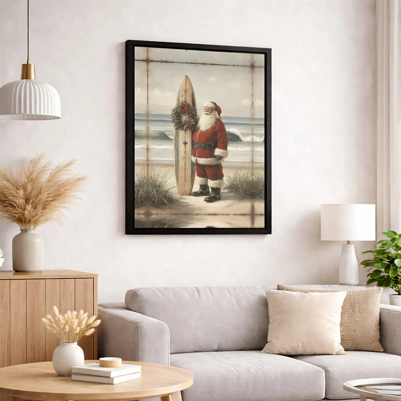 Christmas Wreath Surfer Santa Canvas Print, Surfing Santa Coastal Wall Art, Holiday Beach House Decor, Tropical Christmas Canvas Art