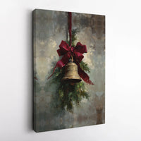 Rustic Pine Branch Red Bow Canvas, Christmas Bell Wall Art Print, Farmhouse Holiday Wall Decor, Digital Download, Comfy Winter Home Present