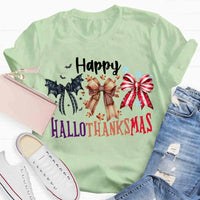 Halloween Thanksgiving Christmas Shirt, Happy Hallothanksmas Bow T-Shirt, Humorous Fall Holiday Mashup Graphic Tee, Autumn Coquette Top