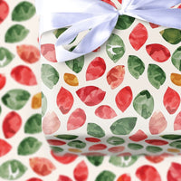 Red and Green Botanical Gift Wrap, Watercolor Leaves Wrapping Paper, Festive Leaf Holiday Wrapping Paper, Winter Christmas Wrapping Paper