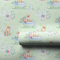 Watercolor Dog Christmas Gift Wrap, Golden Doodle Sleigh Wrapping Paper, Puppy Winter Holiday Wrapping Paper, Dog Lover Gift Wrap Roll