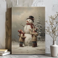 Children Building Snowman Canvas Print, Vintage Christmas Canvas Wall Art, Retro Holiday Snowman Canvas, Winter Wall Decor Christmas Present