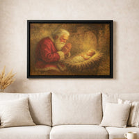 Religious Christmas Canvas Art, Kneeling Santa Praying over Baby Jesus Canvas, Nativity Scene Wall Decor, Christian Holiday Canvas Print