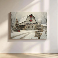 Snowy Barn Winter Canvas, Personalized Family Christmas Canvas, Holiday Barn Landscape Canvas, Custom Winter Decor, Christmas Wall Art