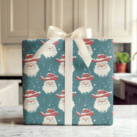 Rustic Teal Christmas Gift Wrap, Western Cowboy Santa Wrapping Paper, Country Santa Claus Wrapping Paper, Snowy Holiday Gift Wrapping Paper