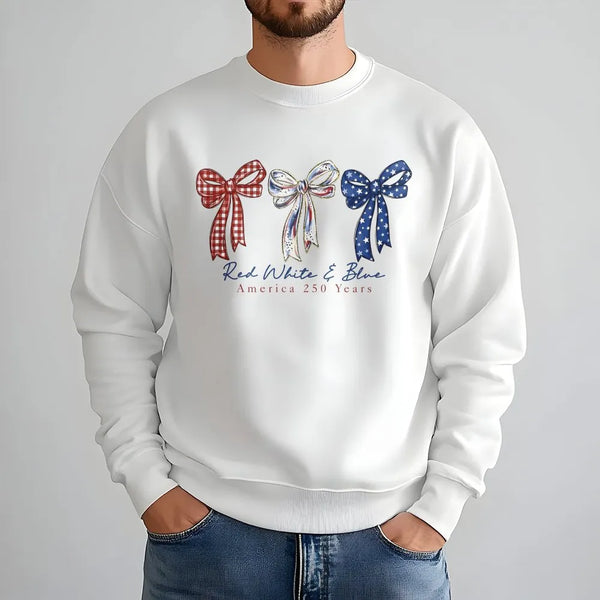 America 250 Years Sweatshirt | Red White Blue Ribbon Bows Art | Soft Cotton Polyester Blend | Patriotic Gift for History Lovers