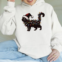 Festive Holiday String Lights Sweatshirt, Black Cat Christmas Hoodie, Adorable Spooky Cat Lover Xmas Pullover Hoodie, Humorous Holiday Top