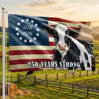 Dairy Cow American Flag 250 Years Strong | Patriotic Farm Decor House Flag | Double-Sided Weather-Resistant | Gift for Farmers