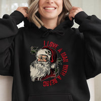 Retro Santa Claus Christmas Hooded Sweatshirt, I Love A Man with A Beard Hoodie, Humorous Xmas Wife Holiday Pullover Hoodie, Winter Present