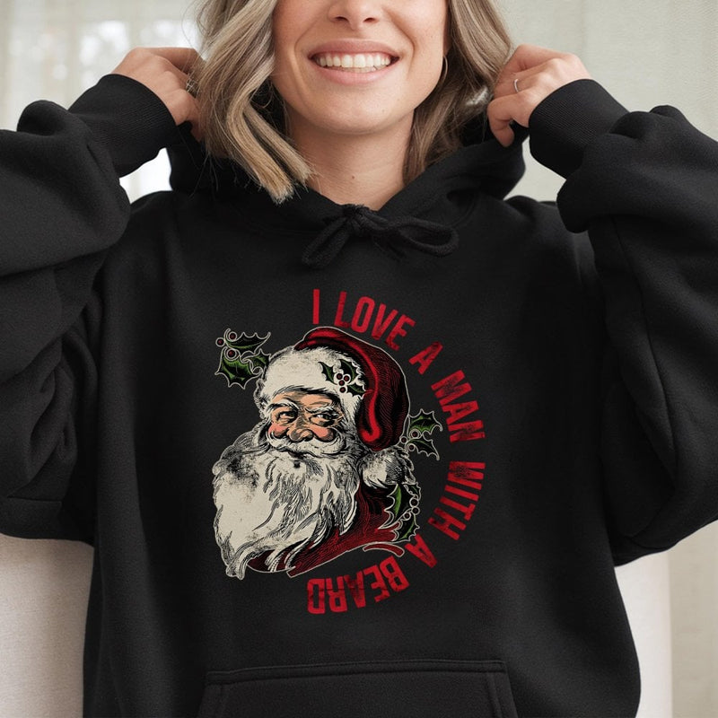 Retro Santa Claus Christmas Hooded Sweatshirt, I Love A Man with A Beard Hoodie, Humorous Xmas Wife Holiday Pullover Hoodie, Winter Present