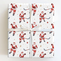 Sporty Santa Gift Wrap, Ice Hockey Santa Christmas Wrapping Paper, Gold Snowflake Hockey Gift Wrapping Paper, Holiday Wrap for Sports Fans