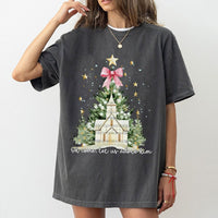 Watercolor Christmas Tree Shirt, Oh Come Let Us Adore Him T-Shirt, Coquette Bow Holiday Tee, Christian Graphic T-Shirt, Xmas Present for Women