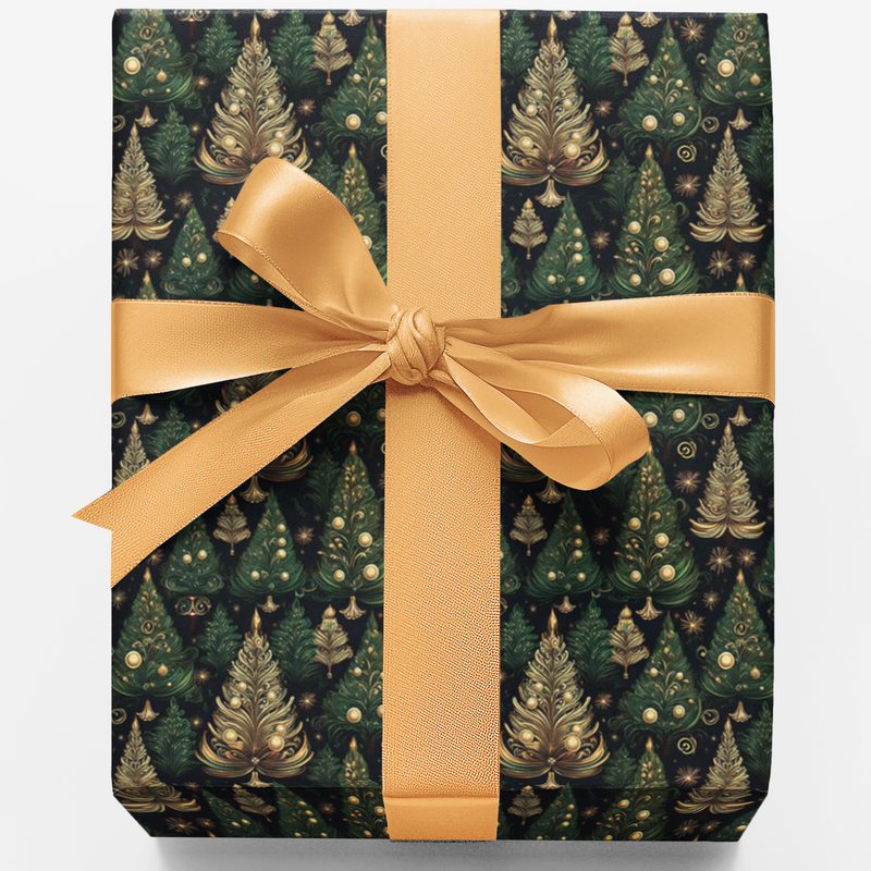Gold Emerald Pine Tree Gift Wrap, Enchanted Forest Christmas Wrapping Paper, Woodland Holiday Gift Wrap Roll, Festive Winter Wrapping Paper