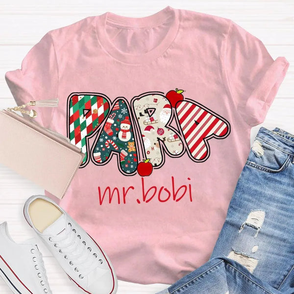 Custom Name Holiday Graphic T-Shirt, Personalized Christmas Apples Shirt, Adorable Xmas Teacher Fruit Tee, Festive Christmas 