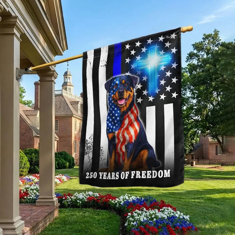 Rottweiler American Flag Garden Flag | 250 Years of Freedom Thin Blue Line | Double-Sided Polyester | Patriotic Christian Home Decor