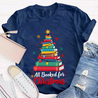 Humorous Book Lover Holiday Graphic Tee, Christmas Tree All Booked for Christmas T-Shirt, Adorable Bookish Xmas Shirt