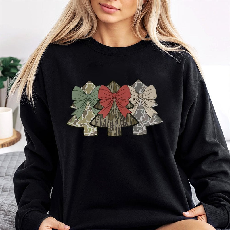 Coquette Bow Holiday Crewneck, Camo Christmas Tree Sweatshirt, Festive Hunting Plaid Pullover, Adorable Preppy Xmas Sweater, Winter Holiday Present