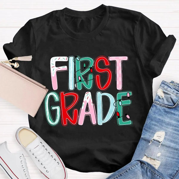 Custom Holiday Font 1st Grade Tee, Personalized First Grade Christmas Shirt, Teacher Student Xmas T-Shirt, Christmas Grade Sh