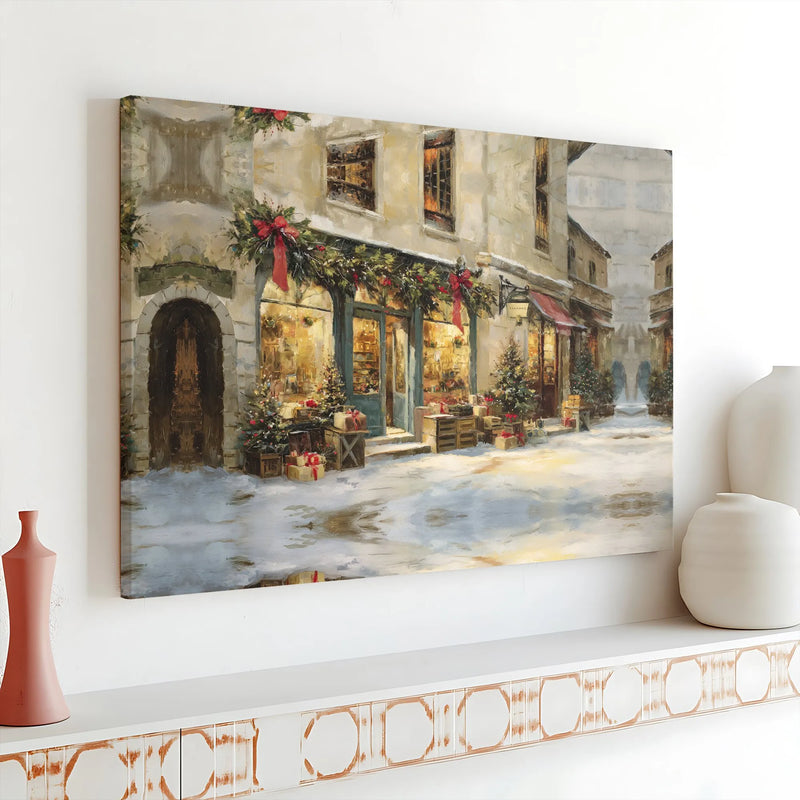 Snowy European Storefront Oil Painting Print, Christmas Village Canvas Wall Art, Comfy Holiday Winter Poster, Festive Digital Download