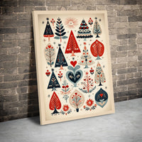 Vintage Folk Art Canvas Print, Scandinavian Christmas Tree Canvas Wall Art, Nordic Winter Holiday Canvas, Rustic Christmas Wall Art Decor