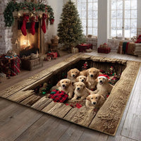 Christmas Dog Area Rug, Rustic Yuletide Golden Retriever Rug, Festive Holiday Pet Floor Carpet, Comfy Non-Slip Present for Dog Lovers