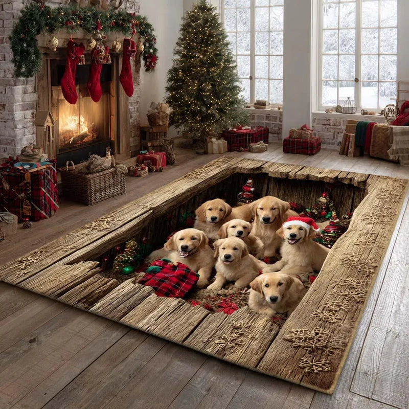 Christmas Dog Area Rug, Rustic Yuletide Golden Retriever Rug, Festive Holiday Pet Floor Carpet, Comfy Non-Slip Present for Dog Lovers