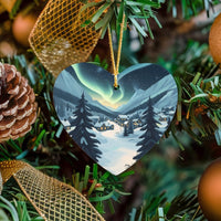Snowy Winter Village Ceramic Keepsake, Northern Lights Heart Ornament, Aurora Landscape Tree Ornament, Christmas Holiday Ornament