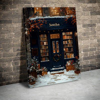 Snowy Winter Shop Holiday Art Print, Christmas Bookstore Canvas Wall Art, Comfy Book Lover Christmas Canvas Poster, Digital Download