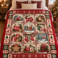 Cocoa and Mittens Holiday Throw Blanket, Christmas Patchwork Sherpa Blanket, Vintage Farmhouse Christmas Quilt Blanket