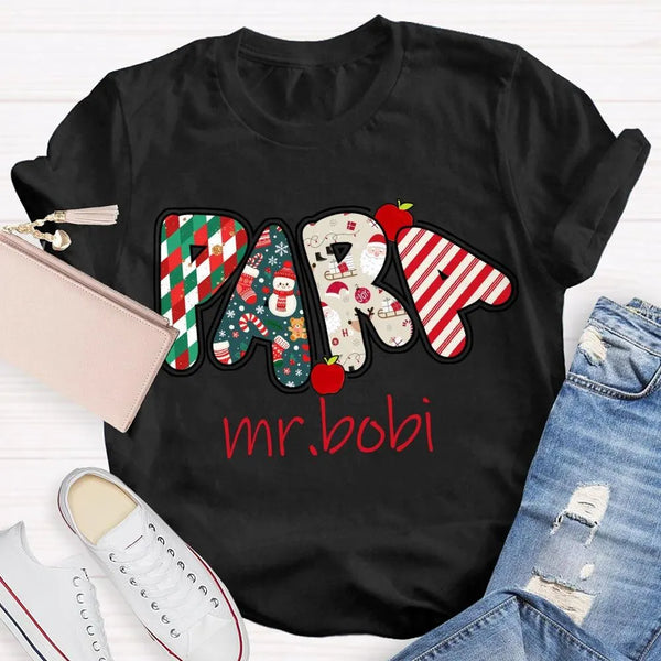 Custom Name Holiday Graphic T-Shirt, Personalized Christmas Apples Shirt, Adorable Xmas Teacher Fruit Tee, Festive Christmas 