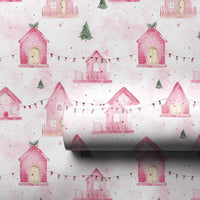 Pastel Holiday House Gift Wrap, Pink Christmas Village Wrapping Paper, Whimsical Winter Wrapping Paper, Festive Pink Xmas Gift Wrap Roll