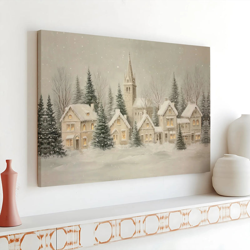 Winter Church Town Landscape Canvas Print, Snowy Christmas Village Canvas Wall Art, Festive Holiday Wall Decor, Merry Xmas Home Art