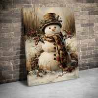 Vintage Winter Holiday Painting Print, Rustic Snowman Canvas Wall Art, Snowy Farmhouse Christmas Wall Decor, Seasonal Digital Download