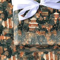 Snowy Pagoda Holiday Gift Wrap, Japanese Winter Village Wrapping Paper, Watercolor Japan Night Wrapping Paper, Asian Christmas Gift Wrap