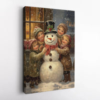 Victorian Snowman Children Canvas Print, Vintage Christmas Wall Art, Nostalgic Winter Holiday Canvas Art, Festive Christmas Home Present