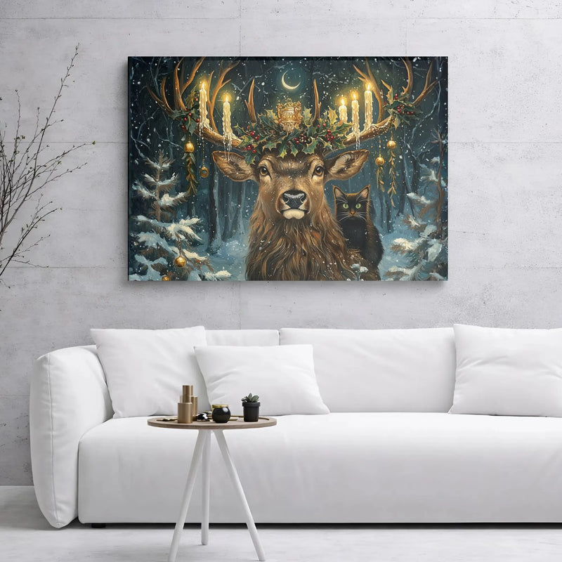 Whimsical Deer and Cat Canvas Print, Christmas Stag Canvas Wall Art, Candlelit Winter Forest Poster, Holiday Decor Printable Download