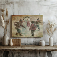 Children Snowball Fight Canvas Print, Vintage Winter Snowman Canvas Wall Art, Nostalgic Christmas Canvas Decor, Holiday Wall Art Present