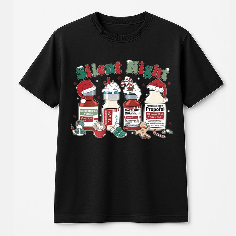 Humorous Medical Holiday Hospital Tee, Silent Night Nurse Christmas T-Shirt, ICU RN Nurse Christmas Graphic T-Shirt, Nursing Student Shirt