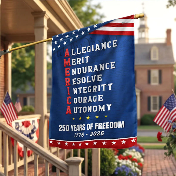 250 Years of Freedom Garden Flag | AMERICA Acrostic Patriotic Design | Double-Sided Polyester | 1776-2026 Commemorative Gift