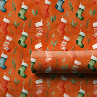 Watercolor Greenery Wrapping Paper, Christmas Stocking Wrapping Paper, Orange Holiday Gift Wrap, Festive Winter Present Wrapping Paper Roll