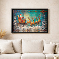 Rustic Reindeer Holiday Wall Art, Vintage Santa Claus Sleigh Canvas Print, Festive Christmas Painting Canvas, Winter Holiday Wall Decor Present