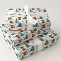 Snowy Pine Christmas Gift Wrap, Highland Cow Wrapping Paper, Scottish Cattle Winter Wrapping Paper, Rustic Farmhouse Holiday Gift Wrap