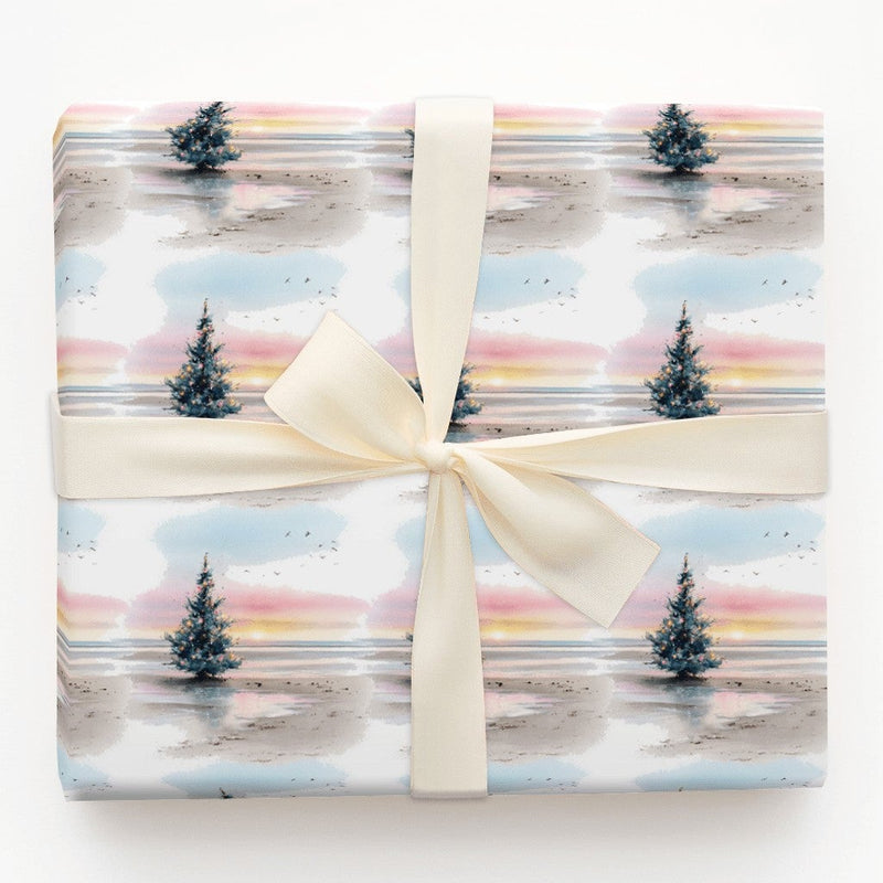 Sunset Beach Holiday Gift Wrap, Coastal Christmas Tree Wrapping Paper, Watercolor Ocean Scene Wrapping Paper, Seaside Gift Wrap Roll