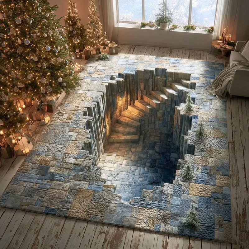 Realistic Winter Landscape Floor Rug, 3D Glacier Steps Area Rug, Non-Slip Christmas Living Room Carpet, Seasonal Holiday Decor