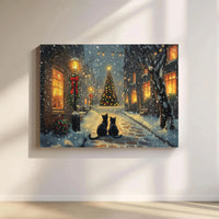 Snowy Village Cat Print, Black Cat Christmas Canvas Wall Art, Holiday Black Cat Poster, Winter Cat Scene Digital Download