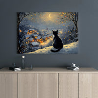 Snowy Christmas Night Art Poster, Black Cat Winter Village Canvas Wall Art, Comfy Holiday Wall Decor Print, Cat Lover Digital Download